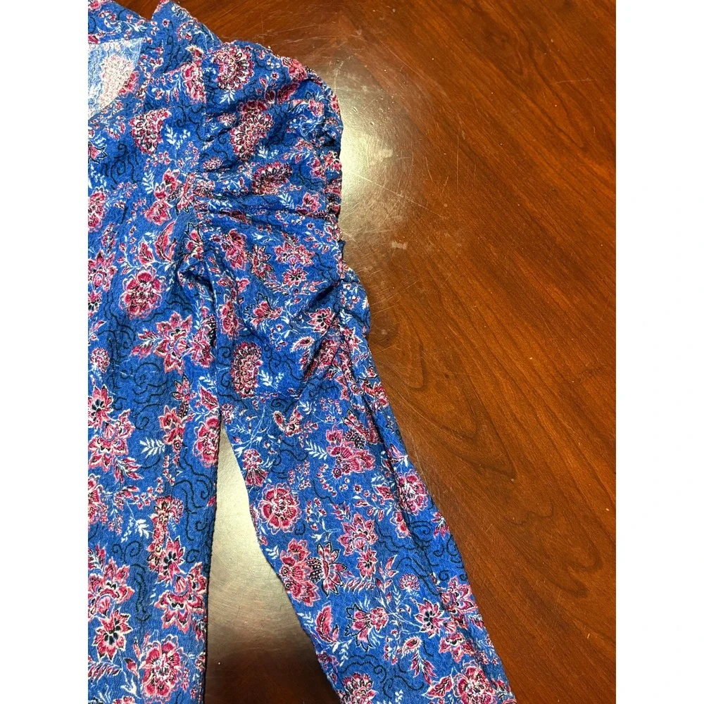Loft Blue Floral Ruched Puff Sleeve V-Neck Blouse Top Large Boho Romantic